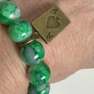 Green Pink Glass Beaded Bracelet with Ace of Spades Charm